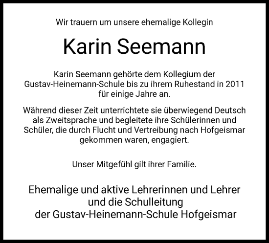 Todesanzeige von Karin Seemann von HNA
