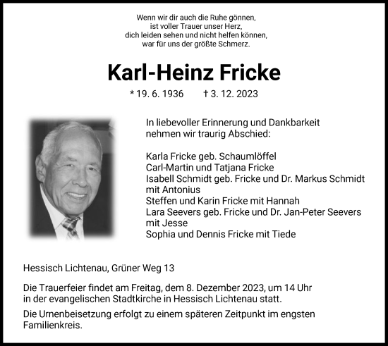 Todesanzeige von Karl-Heinz Fricke von HNA