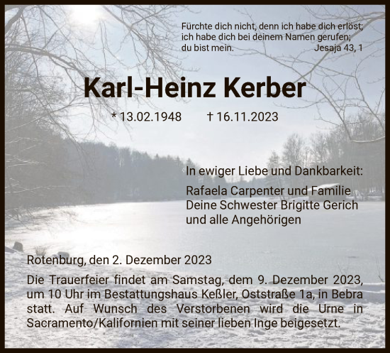 Todesanzeige von Karl-Heinz Kerber von HNA