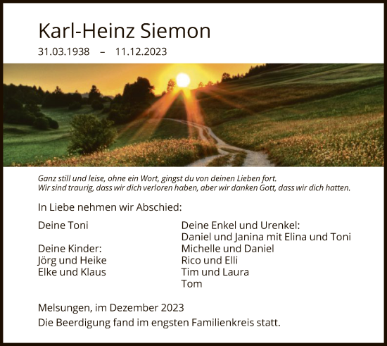 Todesanzeige von Karl-Heinz Siemon von HNA