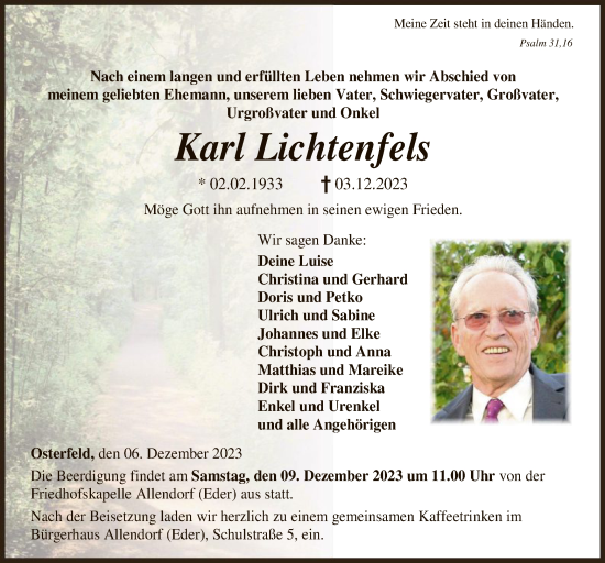 Todesanzeige von Karl Lichtenfels von HNA
