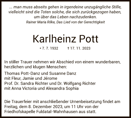 Todesanzeige von Karlheinz Pott von HNA