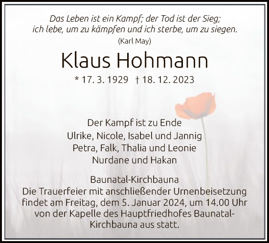 Todesanzeige von Klaus Hohmann von HNA