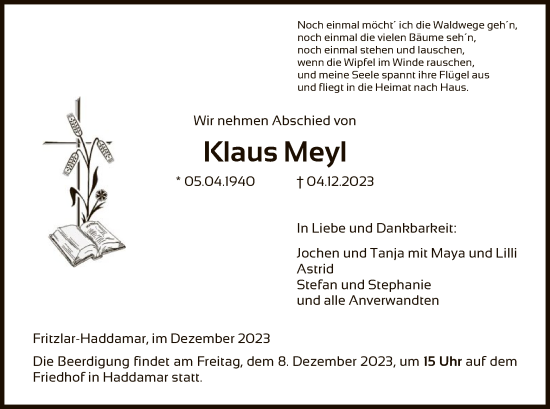 Todesanzeige von Klaus Meyl von HNA