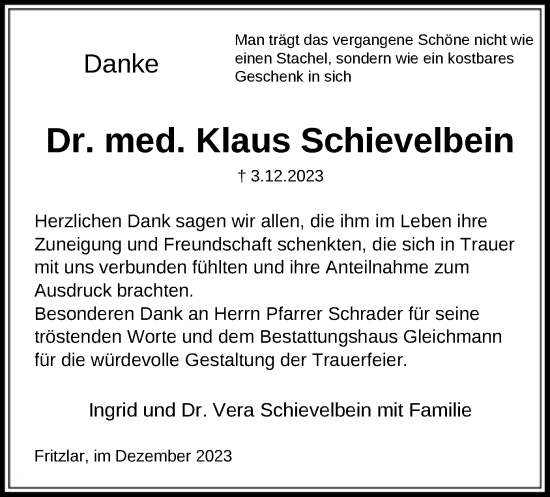 Todesanzeige von Klaus Schievelbein von HNA