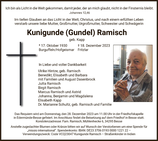 Todesanzeige von Kunigundeel Ramisch von HNAHNA