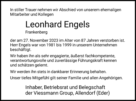 Todesanzeige von Leonhard Engels von HNA