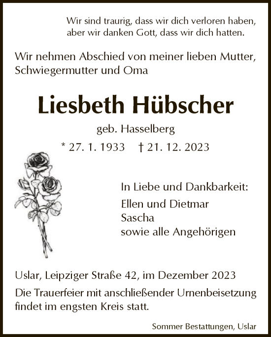 Todesanzeige von Liesbeth Hübscher von HNA
