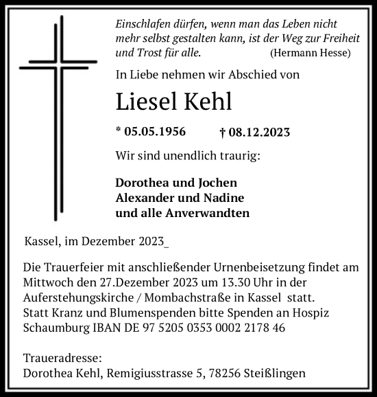 Todesanzeige von Liesel Kehl von HNAHNA