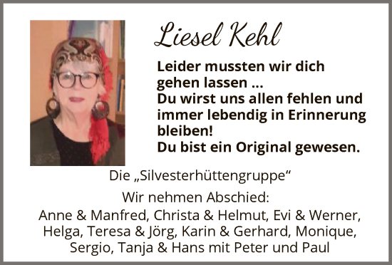 Todesanzeige von Liesel Kehl von HNA
