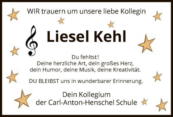 Todesanzeige von Liesel Kehl von HNA