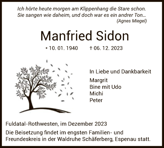 Todesanzeige von Manfried Sidon von HNA