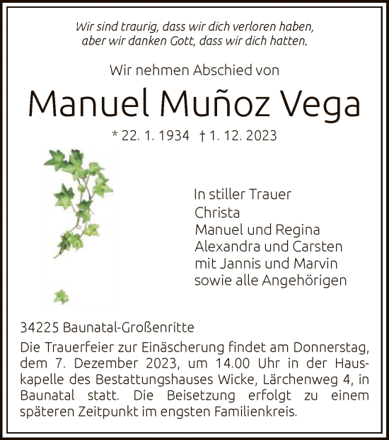 Todesanzeige von Manuel Munoz Vega von HNA