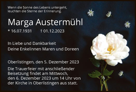Todesanzeige von Marga Austermühl von HNA