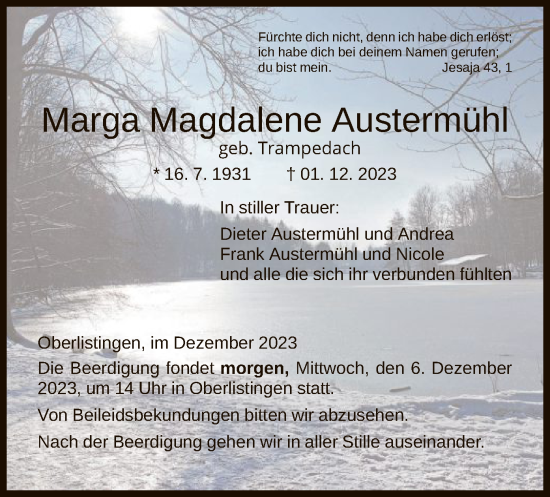 Todesanzeige von Marga Magdalene Austermühl von HNA