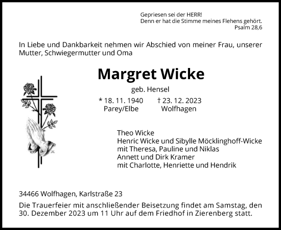 Todesanzeige von Margret Wicke von HNA