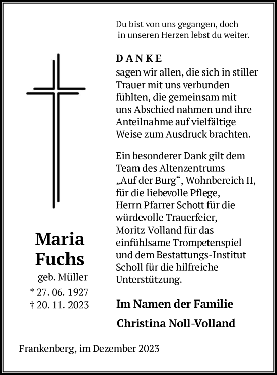 Todesanzeige von Maria Fuchs von HNA