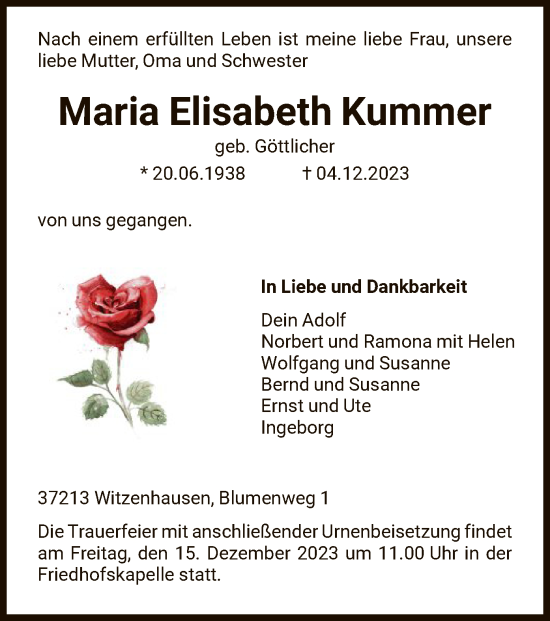 Todesanzeige von Maria Elisabeth Kummer von HNA