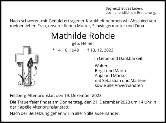 Todesanzeige von Mathilde Rohde von HNA