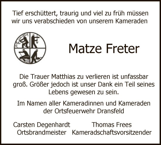 Todesanzeige von Matze Freter von HNA