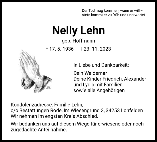 Todesanzeige von Nelly Lehn von HNA