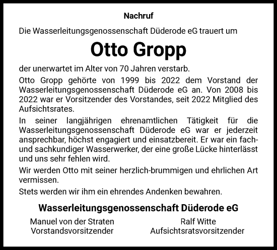 Todesanzeige von Otto Gropp von HNA