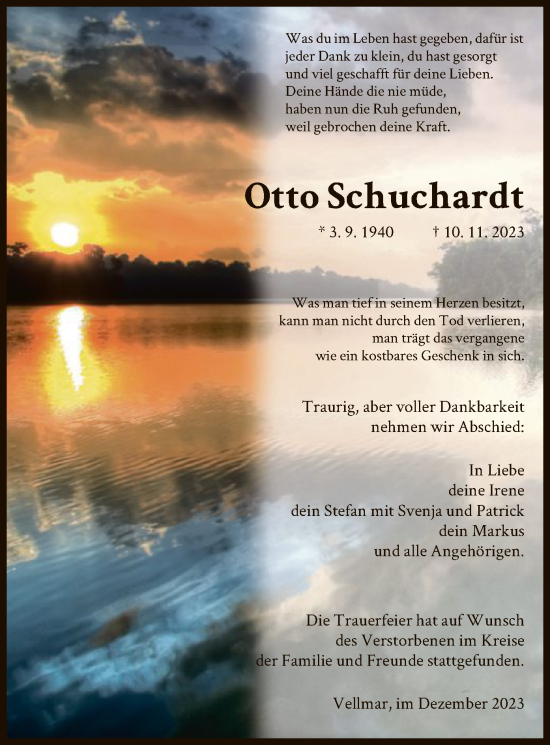 Todesanzeige von Otto Schuchardt von HNA