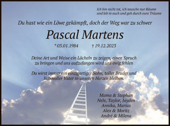 Todesanzeige von Pascal Martens von HNA