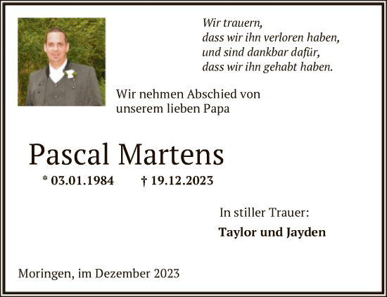 Todesanzeige von Pascal Martens von HNA