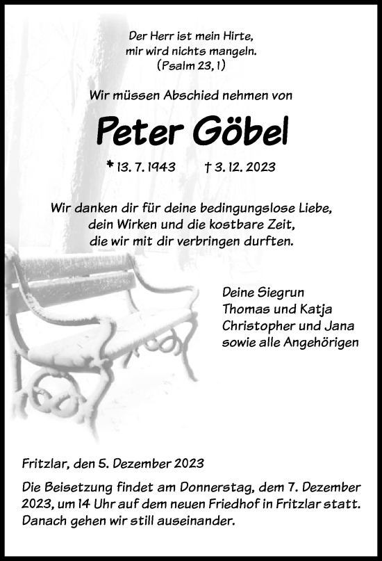 Todesanzeige von Peter Göbel von HNA