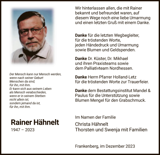 Todesanzeige von Rainer Hähnelt von HNA