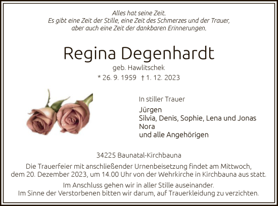 Todesanzeige von Regina Degenhardt von HNAHNA