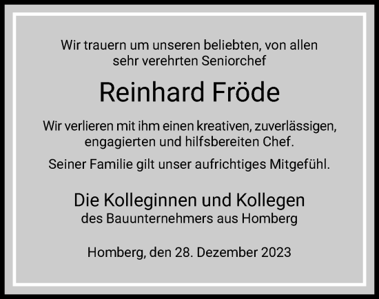 Todesanzeige von Reinhard Fröde von HNA