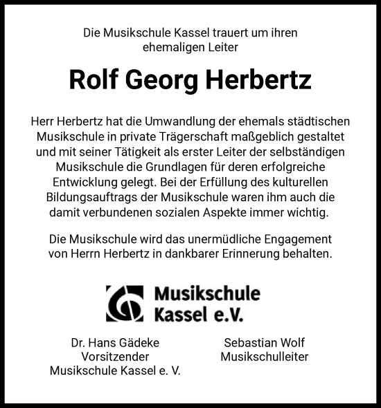 Todesanzeige von Rolf Georg Herbertz von HNA