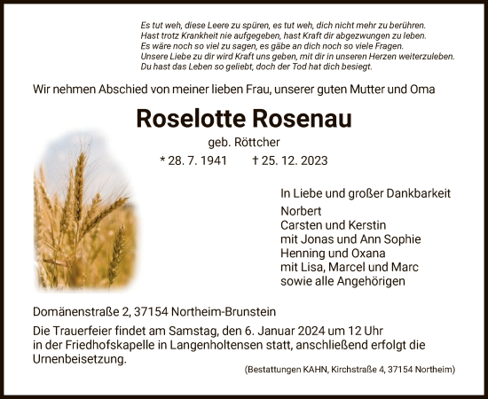 Todesanzeige von Roselotte Rosenau von HNA