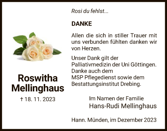 Todesanzeige von Roswitha Mellinghaus von HNA