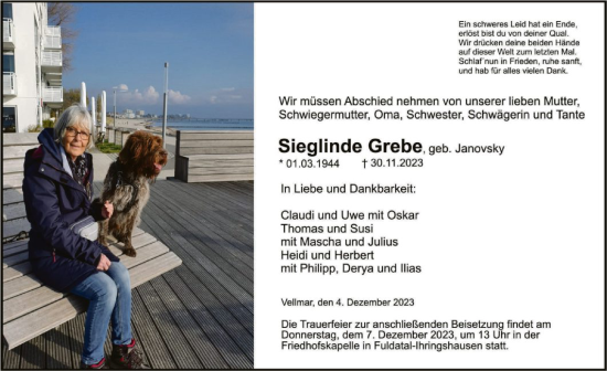 Todesanzeige von Sieglinde Grebe von HNA