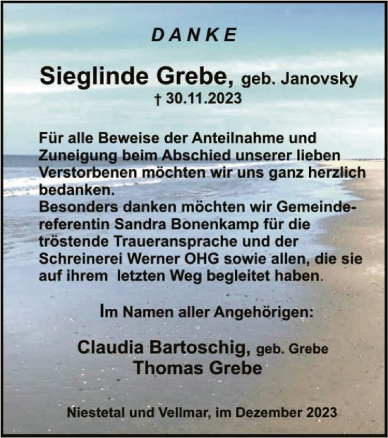 Todesanzeige von Sieglinde Grebe von HNA