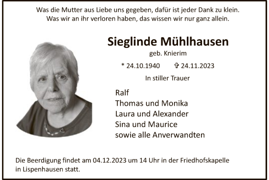 Todesanzeige von Sieglinde Mühlhausen von HNA
