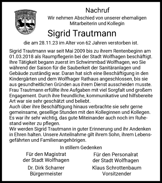 Todesanzeige von Sigrid Trautmann von HNA