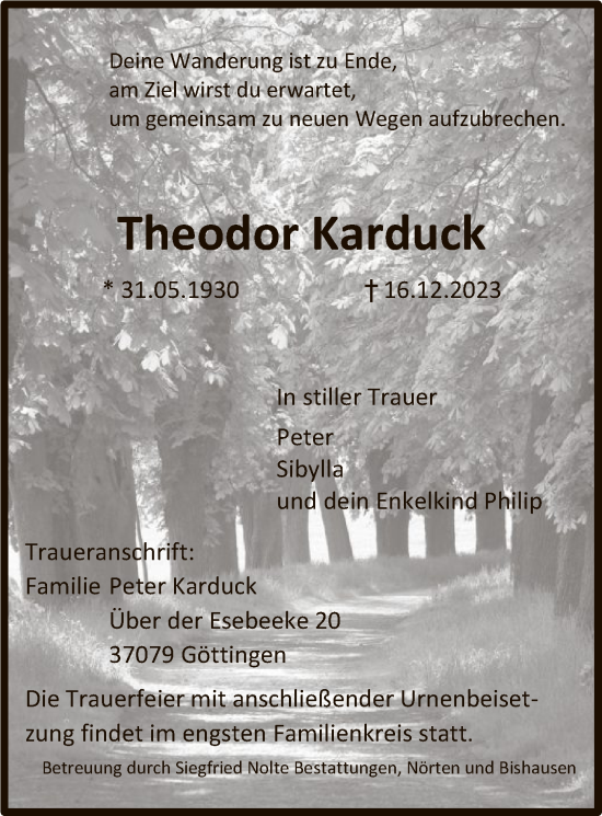Todesanzeige von Theodor Karduck von HNA