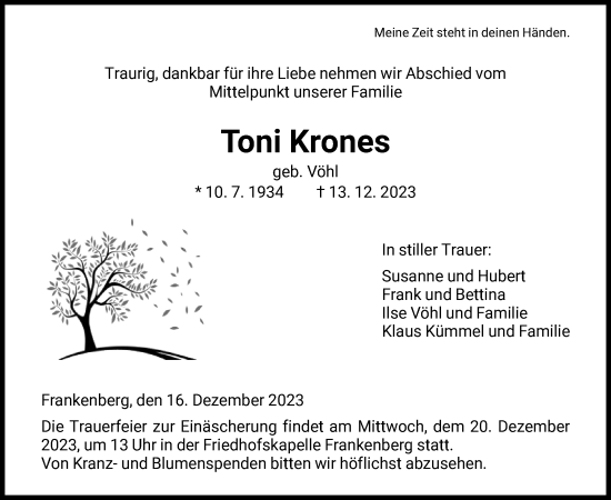 Todesanzeige von Toni Krones von HNA