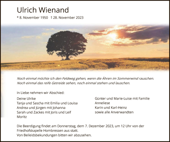 Todesanzeige von Ulrich Wienand von HNA