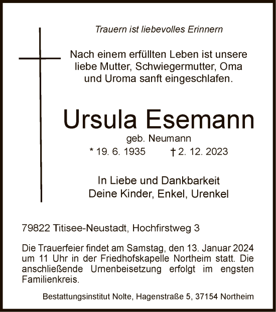 Todesanzeige von Ursula Esemann von HNA