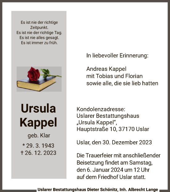 Todesanzeige von Ursula Kappel von HNA