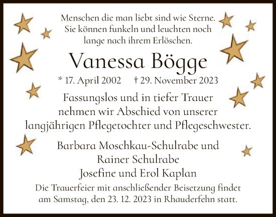 Todesanzeige von Vanessa Bögge von HNA