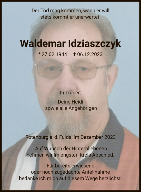 Todesanzeige von Waldemar ldziaszczyk von HNA