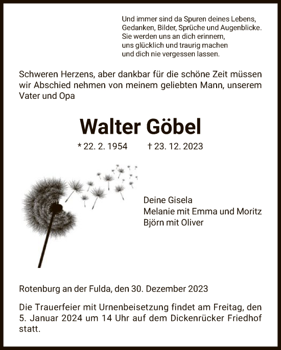 Todesanzeige von Walter Göbel von HNA