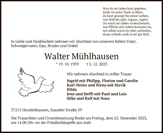 Todesanzeige von Walter Mühlhausen von HNA