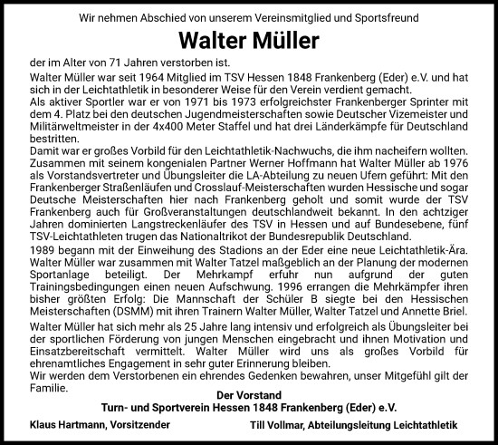 Todesanzeige von Walter Müller von HNA